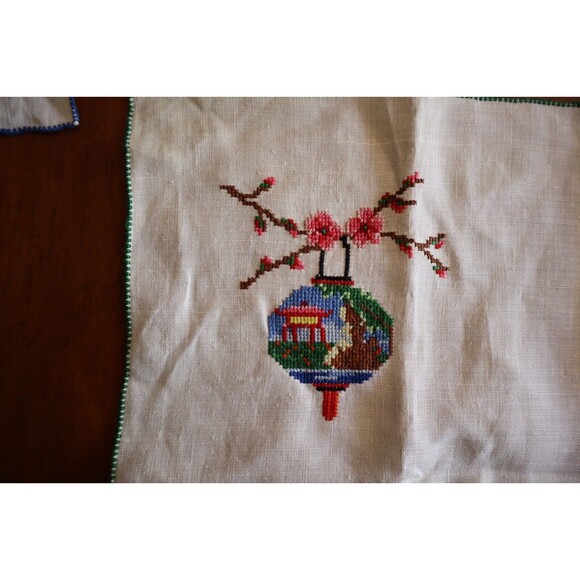 Vtg Cross Stitch Placemats Or Napkins Japanese Cherry Blossom Building 18x12" - Picture 9 of 16